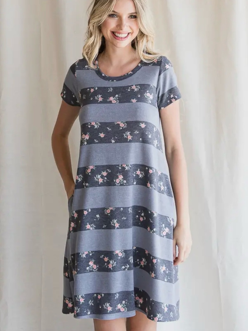 Striped Floral Swing Dress in Blue and Charcoal